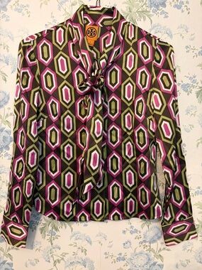 Tory Burch Olive & Pink Geometric Tie-Neck Blouse